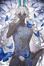 Rule 34 | 1boy, androgynous, arjuna (fate), arjuna alter (fate), artist name, blue butterfly, blue horns, blue nails, blue ribbon, bug, butterfly, choker, dark-skinned male, dark skin, eyeshadow, fate/grand order, fate (series), grey eyes, hair between eyes, hand up, highres, horns, insect, long hair, looking at viewer, makeup, male focus, navel, ribbon, ribbon choker, solo, sqloveraven, standing, tail, tongue, tongue out, topless male, very long hair, white hair