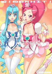 Rule 34 | 10s, 2girls, aged up, blue skirt, blush stickers, boots, bow, breasts, brooch, cleavage, cure blossom, cure marine, eyelashes, hanasaki tsubomi, heart, heart brooch, heartcatch precure!, jewelry, knee boots, kurumi erika, large breasts, magical girl, multiple girls, open mouth, orange background, pink bow, precure, sagging breasts, satou shouji, skirt, smile, thighhighs, white thighhighs