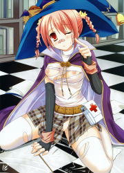 Rule 34 | 1girl, ;(, absurdres, bandaid, bandaid on face, bandaid on nose, bell, belt, belt pouch, black gloves, book, bookshelf, braid, breasts, cape, checkered floor, elbow gloves, female focus, fingerless gloves, frown, gloves, hair ornament, hat, highres, indoors, magic circle, medium breasts, nipples, no bra, no panties, on floor, pink hair, plaid, plaid skirt, pouch, red eyes, sesena yau, shirt, sitting, skirt, solo, star (symbol), star hair ornament, studded belt, tears, thighhighs, torn clothes, torn shirt, torn skirt, torn thighhighs, turtleneck, twin braids, wand, wariza, white thighhighs, witch hat