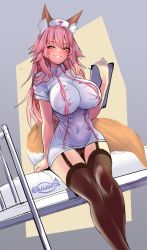 Rule 34 | 1girl, animal ear fluff, animal ears, black panties, blush, breasts, brown thighhighs, commentary request, fate/extra, fate (series), fox ears, fox girl, fox tail, garter straps, grin, hat, holding, large breasts, long hair, looking at viewer, nurse, nurse cap, one-hour drawing challenge, panties, parted lips, pink hair, short sleeves, smile, solo, tail, tamamo (fate), tamamo no mae (fate/extra), teeth, thighhighs, thighs, underwear, white hat, wisespeak, yellow eyes