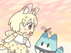 Rule 34 | 1girl, animal ears, blonde hair, blush, bow, bowtie, bug, chibi, commentary request, dragonfly, elbow gloves, extra ears, gloves, insect, kemono friends, kemono friends 3, kuro shiro (kuro96siro46), looking at another, lucky beast (kemono friends), multicolored hair, open mouth, outdoors, print bow, print bowtie, print gloves, print skirt, serval print, shirt, short hair, skirt, sky, sleeveless, sleeveless shirt, smile, solo, tail, white serval (kemono friends), white shirt, yellow gloves, yellow skirt