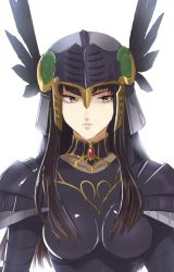 Rule 34 | 1girl, armor, black armor, black hair, breastplate, closed mouth, feathers, helmet, highres, hrist valkyrie, long hair, murata tefu, simple background, solo, valkyrie profile (series), white background
