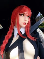 Rule 34 | 1girl, breasts, car, chainsaw man, cosplay, female pervert, highres, large breasts, long hair, makima (chainsaw man), makima (chainsaw man) (cosplay), motor vehicle, pervert, photo (medium), presenting, real life, red hair, sexually suggestive, solo, solo focus, yellow eyes