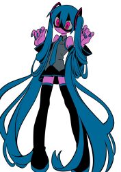 Rule 34 | 1girl, absurdly long hair, black footwear, black skirt, blue hair, blue nails, blue necktie, boots, closed mouth, commentary, detached sleeves, full body, grey shirt, hair between eyes, hatsune miku, highres, long hair, menma (enaic31), nail polish, necktie, no nose, no tattoo, pink eyes, shaded face, shirt, simple background, skirt, thigh boots, twintails, very long hair, vocaloid, white background