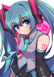 Rule 34 | 1girl, bare shoulders, black skirt, black sleeves, blue eyes, blue hair, blue necktie, breasts, cowboy shot, detached sleeves, eyelashes, grey shirt, hand on own hip, hatsune miku, highres, long hair, medium breasts, musical note, necktie, number tattoo, pink background, pleated skirt, shirt, shoulder tattoo, skirt, smile, solo, tattoo, twintails, umenodo, vocaloid, white background