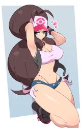 Rule 34 | 1girl, ahoge, armpits, arms up, black footwear, black socks, blue eyes, breasts, brown hair, cleavage, commentary, creatures (company), denim, denim shorts, game freak, hat, highres, hilda (pokemon), large breasts, nac000, nintendo, pokemon, pokemon bw, ponytail, shoes, short shorts, shorts, socks, solo, thick thighs, thighs, thong, torn clothes, torn shorts, wristband