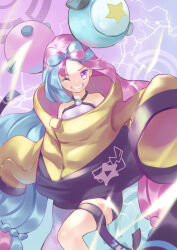Rule 34 | 1girl, absurdres, character hair ornament, commentary request, creatures (company), electricity, game freak, green hair, grey pantyhose, grin, hair ornament, highres, iono (pokemon), jacket, long hair, looking at viewer, maigandayo, multicolored hair, nintendo, one eye closed, pantyhose, pink hair, pokemon, pokemon sv, purple eyes, shirt, shorts, single leg pantyhose, sleeveless, sleeveless shirt, sleeves past fingers, sleeves past wrists, smile, solo, star (symbol), star print, teeth, thigh strap, two-tone hair, yellow jacket