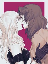 Rule 34 | 2girls, anagosamaeru, bare shoulders, breasts, devilman, devilman crybaby, eye contact, face-to-face, from side, gloves, imminent kiss, lips, lipstick, long hair, looking at another, makeup, medium breasts, medium hair, multiple girls, muted color, open mouth, outside border, profile, psycho jenny, purple background, simple background, siren (devilman), upper body, yuri