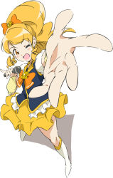 Rule 34 | 10s, 1girl, ;d, blonde hair, boots, bow, bowtie, brooch, cure honey, foreshortening, full body, hair bow, happinesscharge precure!, heart, heart brooch, jewelry, knee boots, long hair, magical girl, microphone, one eye closed, oomori yuuko, open mouth, orange eyes, outstretched hand, ponytail, precure, skirt, smile, solo, standing, umanosuke, white background, wide ponytail, wink, yellow skirt, yellow theme