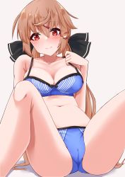 Rule 34 | 1girl, bare arms, bare legs, bare shoulders, black bow, blue bra, blue panties, blush, bow, bra, breasts, brown eyes, brown hair, closed mouth, collarbone, grey background, hair between eyes, hair bow, hair ornament, hairclip, highres, kantai collection, komb, lawson, long hair, low twintails, medium breasts, navel, panties, simple background, smile, solo, tashkent (kancolle), twintails, underwear, underwear only