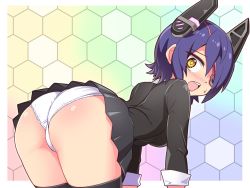 Rule 34 | 1girl, ass, bent over, blush, breasts, cameltoe, cougar (cougar1404), eyepatch, from behind, headgear, kantai collection, large breasts, leaning, leaning forward, looking at viewer, looking back, open mouth, panties, purple hair, school uniform, shiny clothes, shiny skin, short hair, sideboob, skirt, solo, sweatdrop, tenryuu (kancolle), thighhighs, underwear, yellow eyes