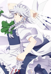 Rule 34 | 1girl, absurdres, ahoge, apron, back bow, between fingers, blue dress, blue footwear, bow, bowtie, braid, breasts, commentary request, dress, frilled apron, frilled dress, frills, green bow, green bowtie, grey hair, hair bow, highres, holding, holding knife, interlocked fingers, izayoi sakuya, kin-kun, knife, knives between fingers, looking at viewer, maid, maid apron, maid headdress, puffy short sleeves, puffy sleeves, red eyes, short hair, short sleeves, small breasts, touhou, twin braids, waist apron, white apron, white legwear