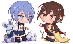 Rule 34 | 2boys, aged down, bishounen, blue eyes, blue hair, brown eyes, brown hair, chibi, colored inner hair, ear piercing, edmond (nu carnival), gem, girly boy, highres, holding, holding stuffed toy, light blue hair, long sleeves, looking at another, looking at viewer, male focus, multicolored hair, multiple boys, nu carnival, piercing, red eyes, short hair, stuffed animal, stuffed rabbit, stuffed snake, stuffed toy, yakumo (nu carnival), zuix