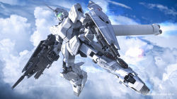 Rule 34 | 3d, anaheim electronics, beam rifle, blue sky, character name, cloud, commentary, energy gun, english commentary, english text, flying, gundam, gundam unicorn, machinery, mecha, michaellee4, mobile suit, no humans, realistic, robot, rocket, roundel, science fiction, shield, sky, thrusters, unicorn gundam, weapon