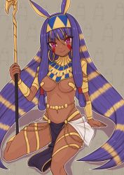 Rule 34 | 1girl, animal ears, arm behind back, beads, blonde hair, bracer, breasts, breasts apart, covered erect nipples, dark-skinned female, dark skin, earrings, egyptian, egyptian clothes, eyebrows, eyelashes, facial mark, fate/grand order, fate (series), hair between eyes, hair rings, hairband, head tilt, holding, holding staff, hoop earrings, hoshitetsu ringo, jackal ears, jewelry, loincloth, long hair, medium breasts, medjed (fate), midriff, multicolored hair, navel, neck ring, nitocris (fate), nitocris (third ascension) (fate), outline, pasties, pink eyes, purple hair, sitting, smile, solo, spread legs, staff, stomach, thigh strap, tsurime, two-tone hair, very long hair, white outline