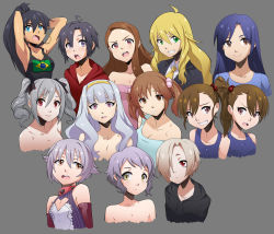 Rule 34 | 10s, 6+girls, age difference, angry, annoyed, antenna hair, aqua eyes, aqua shirt, armpits, arms at sides, arms behind head, arms up, asymmetrical hair, bare shoulders, black bow, black hair, black hoodie, black ribbon, black shirt, blue eyes, blue hair, blue one-piece swimsuit, blue shirt, blush, bow, brazilian flag, breasts, brown eyes, brown hair, casual, casual nudity, choker, chuunibyou, chuunioniika, cleavage, clothing cutout, collage, collar, collarbone, collared shirt, confused, dark-skinned female, dark skin, drill hair, drooling, earrings, elbow gloves, expressionless, eyelashes, facing viewer, fang, flat chest, forehead, formal, futami ami, futami mami, ganaha hibiki, gloves, green eyes, grey background, grin, hair between eyes, hair bobbles, hair bow, hair ornament, hair over one eye, hair ribbon, hairband, happy, heart, heart cutout, high ponytail, highres, hood, hoodie, hoop earrings, hoshii miki, huge filesize, idol, idolmaster, idolmaster (classic), idolmaster cinderella girls, idolmaster million live!, jewelry, kanzaki ranko, kikuchi makoto, kisaragi chihaya, koshimizu sachiko, large breasts, long hair, long image, long sleeves, looking at another, looking at viewer, looking to the side, makabe mizuki, medium breasts, minase iori, multiple girls, namco, neck, necktie, no bra, nude, off shoulder, one-piece swimsuit, open mouth, pale skin, ponytail, purple eyes, red eyes, red hoodie, revision, ribbon, saliva, school swimsuit, shijou takane, shiny forehead, shiny skin, shirasaka koume, shirt, short hair, short ponytail, short sidetail, short twintails, shoulder-to-shoulder, shy, siblings, side ponytail, sidelocks, silver hair, sisters, sleepy, sleeveless, sleeveless shirt, small breasts, smile, smirk, smug, suit, swimsuit, tall image, textless version, tomboy, topless frame, totoki airi, tsundere, twin drills, twins, twintails, upper body, worried, yellow eyes, yellow hairband, yellow neckwear