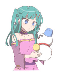 Rule 34 | 1girl, bare shoulders, blue eyes, blunt bangs, blunt ends, closed mouth, covered navel, crop top, cropped legs, detached collar, detached sleeves, green hair, hair ornament, highres, holding, long hair, looking at object, nojima minami, pink skirt, pretty series, pripara, purple sleeves, simple background, skirt, snowman, solo, tsukikawa chili, two side up, white background