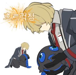 Rule 34 | 1boy, 4chan, black gloves, black jacket, black pants, blonde hair, blubbering toad (project moon), blue scarf, collared shirt, gloves, jacket, kneeling, korean text, limbus company, long sleeves, male focus, necktie, open mouth, pants, project moon, red necktie, saliva, scarf, shirt, simple background, sinclair (project moon), solo, south ac, white background, white shirt