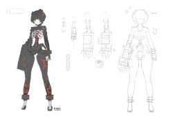 Rule 34 | 1girl, :&lt;, arms at sides, arrow (symbol), black hair, chinese commentary, circuit, closed mouth, commentary request, concept art, cuffs, cyborg, expressionless, full body, height, highres, legs apart, liren44, looking at viewer, mechanical arms, mechanical hands, mechanical heart, mechanical legs, mechanical parts, mechanical spine, multiple views, orange eyes, original, partially colored, short hair, standing, twitter username, unfinished, white background