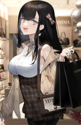 Rule 34 | 1girl, :d, bag, bare shoulders, black hair, black pantyhose, black skirt, breasts, brown jacket, buttons, commentary request, earrings, glint, high-waist skirt, highres, holding, holding bag, indoors, jacket, jewelry, large breasts, long hair, long sleeves, looking at viewer, mamima, off shoulder, open clothes, open jacket, open mouth, original, pantyhose, plaid, plaid skirt, purple eyes, shirt, shop, shopping bag, shoulder bag, sidelocks, skirt, smile, solo, unbuttoned, underbust, very long hair, white shirt