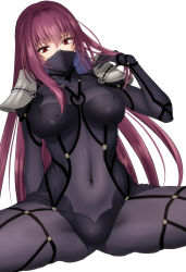 Rule 34 | 1girl, arm at side, arm support, armor, bodysuit, breasts, covered mouth, covered navel, cowboy shot, fate/grand order, fate (series), hair between eyes, hair intakes, hand in own hair, highres, large breasts, long hair, looking at viewer, mask, mouth mask, ninja mask, pauldrons, purple bodysuit, purple hair, red eyes, scathach (fate), scathach (first ascension) (fate), shoukaki (earthean), shoulder armor, sidelocks, sitting, solo, spread legs, sweater, turtleneck, turtleneck sweater