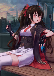 Rule 34 | 1girl, belt, bench, black gloves, black hair, buttons, can, city, cityscape, commentary request, corset, detached collar, double-breasted, drink can, evening, fingerless gloves, girls&#039; frontline, gloves, hair ribbon, highres, holding, holding can, jacket, long hair, necktie, open clothes, open jacket, open mouth, outdoors, red eyes, red necktie, red ribbon, ribbon, roke (taikodon), short sleeves, sitting, smile, soda can, solo, thighhighs, twintails, type 97 (girls&#039; frontline), white thighhighs, wooden bench
