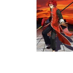 Rule 34 | 10s, 1boy, chinese clothes, fate/extra, fate/grand order, fate (series), lance, li shuwen (fate), li shuwen (fate/grand order), li shuwen (young) (fate), male focus, polearm, ponytail, red hair, shadow, solo, sunset, wada arco, weapon