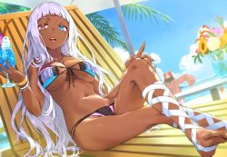 Rule 34 | 2girls, bandaged leg, bandages, barefoot, beach, blue eyes, blue pupils, blue sky, breasts, bright pupils, cloud, cloudy sky, colored skin, crossed legs, cupping glass, dark-skinned female, dark skin, day, facial mark, flower, foot out of frame, from behind, full body, grey hair, haimura kiyotaka, hand up, heterochromia, highres, large breasts, leaf, long hair, looking at viewer, lying, multiple girls, mummy, nail polish, navel, nephtys, niang-niang, ocean, on back, open mouth, outdoors, palm leaf, pink nails, pink pupils, purple skin, red eyes, sand, sky, stomach, swimsuit, teardrop facial mark, teeth, thighs, toaru majutsu no index, toaru majutsu no index: imaginary fest, toaru majutsu no index: new testament, undead, upper teeth only, very dark skin, very long hair, water, yellow flower