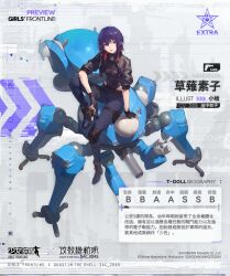 Rule 34 | 1girl, arm support, bad facebook id, bad id, black footwear, black gloves, black jacket, black pants, boots, breasts, chinese text, cropped jacket, fingerless gloves, ghost in the shell, ghost in the shell: sac 2045, girls&#039; frontline, gloves, gun, handgun, highres, holding, holding gun, holding weapon, jacket, kusanagi motoko, official art, open clothes, open jacket, pants, purple eyes, purple hair, robot, short hair, short sleeves, sitting, tachikoma, weapon, xiao qiang sang