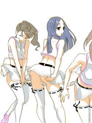 Rule 34 | 3girls, ass, bad drawr id, bad id, black eyes, black ribbon, blue hair, brown hair, character request, closed eyes, copyright request, covering privates, crop top, francine (daijaemon), long hair, looking at viewer, looking back, midriff, multiple girls, no panties, oekaki, out of frame, pink footwear, ponytail, ribbon, ribbon-trimmed thighhighs, ribbon trim, shoes, simple background, skirt, skirt tug, standing, thighhighs, white background, white skirt, white thighhighs, wind, wind lift