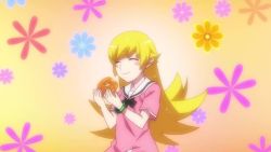 Rule 34 | animated, anime screenshot, blonde hair, doughnut, dress, eating, food, monogatari (series), oshino shinobu, pink dress, screencap, solo, tagme, video, yellow eyes