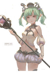 Rule 34 | 1girl, bad id, bad pixiv id, bare shoulders, bloomers, breasts, brown eyes, character name, chronos gate, copyright name, cowboy shot, echosdoodle, green hair, holding, holding staff, navel, phora klepsydra, pointy ears, puffy short sleeves, puffy sleeves, shirt, short sleeves, signature, small breasts, solo, staff, twintails, underwear, white background, white shirt