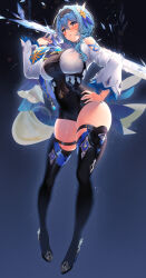 Rule 34 | 1girl, black hairband, black thighhighs, blue hair, blush, boots, breasts, crystal sword, eula (genshin impact), full body, genshin impact, gradient eyes, hair ornament, hairband, hand on own hip, highres, kawai (purplrpouni), large breasts, leotard, long sleeves, multicolored eyes, parted lips, solo, sword, thick thighs, thigh boots, thighhighs, thighs, weapon, wide hips, yellow eyes