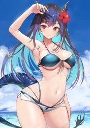 Rule 34 | 1girl, arknights, arm up, armpits, bare arms, bare shoulders, bikini, blue bikini, blue hair, blue sky, breasts, ch&#039;en (arknights), ch&#039;en the holungday (arknights), ch&#039;en the holungday (elite ii) (arknights), cleavage, cloud, cloudy sky, collarbone, covering face, cowboy shot, day, dragon girl, dragon horns, dragon tail, elite ii (arknights), flower, front-tie bikini top, front-tie top, hair flower, hair ornament, halterneck, hand up, hibiscus, highres, horns, large breasts, long hair, looking at viewer, micro shorts, multi-strapped bikini, navel, official alternate costume, open fly, outdoors, red eyes, red flower, shorts, sky, smile, solo, stomach, string bikini, swimsuit, tail, thighs, water, white shorts, wide hips, yuzuruka (bougainvillea)