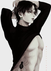 Rule 34 | 1boy, abs, black eyes, black hair, black sweater, bug, chrollo lucilfer, commentary request, earrings, highres, hunter x hunter, jewelry, male focus, short hair, simple background, solo, spider, stomach tattoo, sweater, tattoo, toned, toned male, wosara