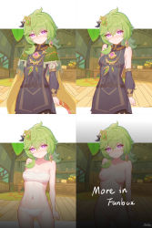 Rule 34 | 1girl, bandages, bandeau, bare shoulders, black dress, blush, breasts, capelet, chest sarashi, collarbone, collei (genshin impact), commentary request, cowboy shot, dress, genshin impact, green capelet, green hair, hair between eyes, hair ornament, head tilt, highres, hormesis, indoors, long hair, long sleeves, looking at viewer, medium breasts, midriff, multiple views, navel, nose blush, nude, panties, pink eyes, sarashi, standing, stomach, strapless, tube top, underwear, white panties
