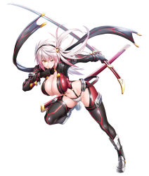 Rule 34 | 1girl, asahi, bare shoulders, blush, boots, breasts, cleavage, collarbone, curvy, fuuma aki, gloves, halterneck, heterochromia, highleg, highleg panties, highres, holding, holding sword, holding weapon, huge breasts, jumping, katana, lilith-soft, long hair, multicolored hair, navel, nipples, one eye closed, open mouth, panties, pink hair, revealing clothes, shiny skin, simple background, skindentation, smile, solo, sweat, sword, taimanin (series), taimanin rpgx, thighhighs, underwear, weapon, white background, white hair, wink