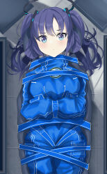 Rule 34 | 1girl, absurdres, alternate costume, bdsm, blue archive, blue eyes, blue suit, blush, bondage, bound, breasts, formal, halo, highres, large breasts, looking at viewer, lying, purple hair, seirein (seireinnnn), solo, straitjacket, suit, twintails, yuuka (blue archive)