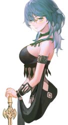Rule 34 | 1girl, armlet, bare shoulders, black shirt, blue eyes, blue hair, bracer, breasts, byleth (female) (fire emblem), byleth (fire emblem), closed mouth, crop top, cropped torso, dancer (fire emblem: three houses), fire emblem, fire emblem: three houses, hair between eyes, highres, holding, holding sword, holding weapon, large breasts, light blush, looking at viewer, medium hair, midriff, nintendo, official alternate costume, own hands together, shirt, solo, sword, upper body, weapon, white background, yaoko