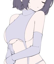 Rule 34 | 1girl, alternate costume, blue archive, breasts, closed eyes, large breasts, projectorzero, saki (blue archive), short hair, simple background, sleeveless, solo, twitter, upper body, white background