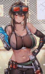 1girl absurdres bare_shoulders black_hair blush breasts cleavage collarbone covered_erect_nipples goggles grace_howard hand_on_own_hip highres large_breasts long_hair looking_at_viewer navel orange_eyes ponytail shoulder_tattoo sidelocks smile solo sports_bra sweat tablet_pc tattoo ura_illust zenless_zone_zero