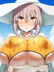 Rule 34 | 1girl, arms under breasts, bikini, blue sky, breasts, bursting breasts, covered erect nipples, expressionless, fate (series), florence nightingale (chaldea lifesavers) (fate), florence nightingale (fate), furau, hat, huge breasts, pink hair, puffy areolae, puffy nipples, red eyes, sky, solo, sun hat, sweat, swimsuit, underboob, wet, wet clothes, wet swimsuit, yellow bikini