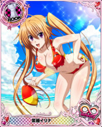 Rule 34 | 10s, 1girl, beach, bikini, blonde hair, bra, breasts, brown hair, card (medium), character name, chess piece, cleavage, covered erect nipples, day, high school dxd, high school dxd infinity, large breasts, long hair, ocean, official art, panties, purple eyes, rook (chess), sand, shidou irina, smile, solo, summer, swimsuit, torn bikini, torn clothes, torn swimsuit, trading card, twintails, underwear, very long hair