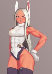 Rule 34 | 1girl, animal ear fluff, animal ears, armpits, ass, bare arms, blue thighhighs, blush, boku no hero academia, breasts, commentary request, covered collarbone, dark-skinned female, dark skin, eyelashes, from side, gloves, grey background, halterneck, hand on own hip, heattech leotard, highres, long hair, looking at viewer, mirko, muscular, muscular female, narrow waist, parted bangs, parted lips, putcher, rabbit ears, rabbit girl, rabbit tail, red eyes, simple background, skin tight, solo, swept bangs, tail, teeth, thighhighs, thighs, turtleneck, very long hair, white gloves, white hair, wide hips