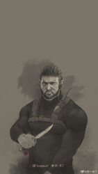 Rule 34 | 1boy, absurdres, bara, chris redfield, closed mouth, facial hair, highres, holding, holding knife, holding weapon, instagram username, knife, large pectorals, male focus, monochrome, muscular, muscular male, pants, pectorals, resident evil, resident evil village, shirt, short hair, solo, upper body, weapon, weibo watermark, youngyee art