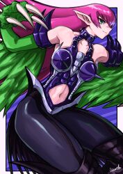 Rule 34 | 1girl, absurdres, armor, bare shoulders, bikini armor, bird tail, black pantyhose, black thighhighs, claws, clothing cutout, commentary request, feathers, garter straps, green eyes, green feathers, green wings, harpie lady, harpy, highres, long hair, monster girl, navel, navel cutout, pantyhose, pink hair, pointy ears, rooru kyaabetsu, solo, spiked armor, tail, thighhighs, very long hair, wings, yu-gi-oh!
