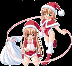 Rule 34 | 2girls, christmas, gift, hat, multiple girls, nanami to konomi no oshiete abc, nishimura konomi, nishimura nanami, santa costume, santa hat, siblings, sisters, standing, thighhighs, thighs, transparent background, twins