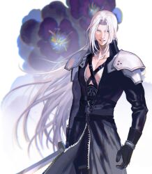 Rule 34 | 1boy, absurdres, aqua hair, armor, black gloves, black jacket, blurry, blurry background, chest strap, cowboy shot, final fantasy, final fantasy vii, final fantasy vii remake, floral background, gloves, grey hair, highres, holding, holding sword, holding weapon, jacket, long bangs, long hair, long jacket, long sleeves, male focus, masamune (ff7), parted bangs, parted lips, sephiroth, shoulder armor, smile, solo, square enix, sword, weapon, xianyu314