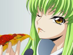 Rule 34 | 1girl, c.c., code geass, food, green hair, highres, long hair, non-web source, one eye closed, pizza, pizza hut, solo, tongue, wallpaper, wink, yellow eyes