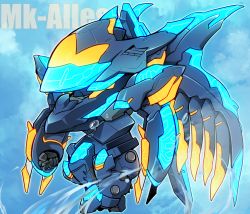 Rule 34 | arm blade, character name, chibi, cloud, gamiani zero, glowing, highres, horns, mark alles, mecha, no humans, robot, sky, solo, soukyuu no fafner, spikes, water, weapon, wind, wings